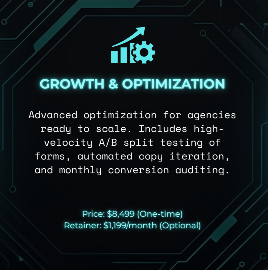 Advanced optimization for agencies ready to scale. Includes high-velocity A/B split testing of forms, automated copy iteration, and monthly conversion auditing.