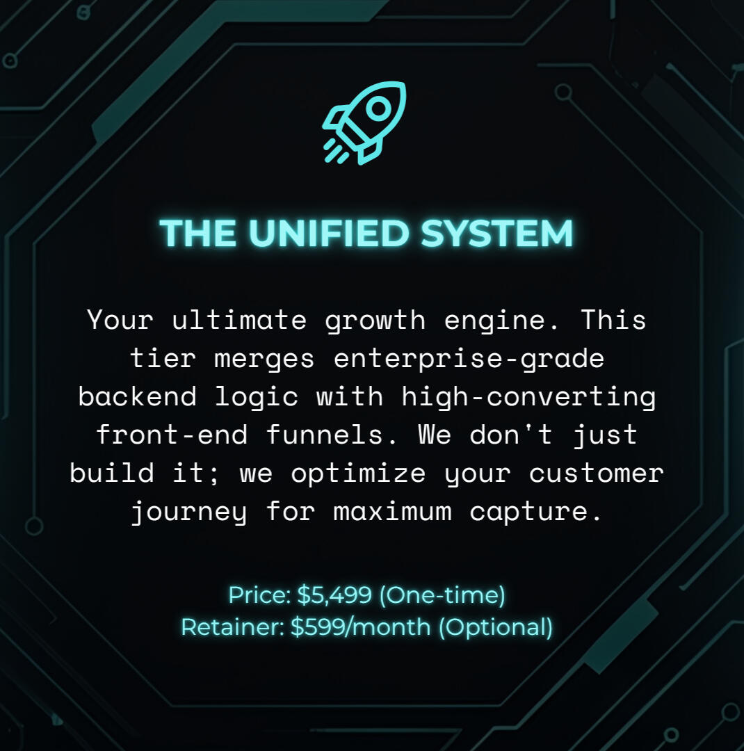 UNIFIED Your ultimate growth engine. This tier merges enterprise-grade backend logic with high-converting front-end funnels. We don't just build it; we optimize your customer journey for maximum capture.